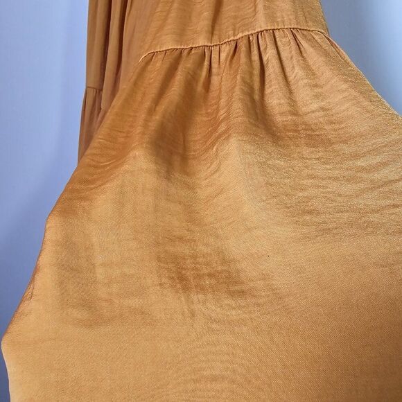 EUC SIMPLY VERY VERAWANG SPLIT V NECK MUSTARD SATINY TIERED MIDI DRESS SZ SMALL - Picture 8 of 16